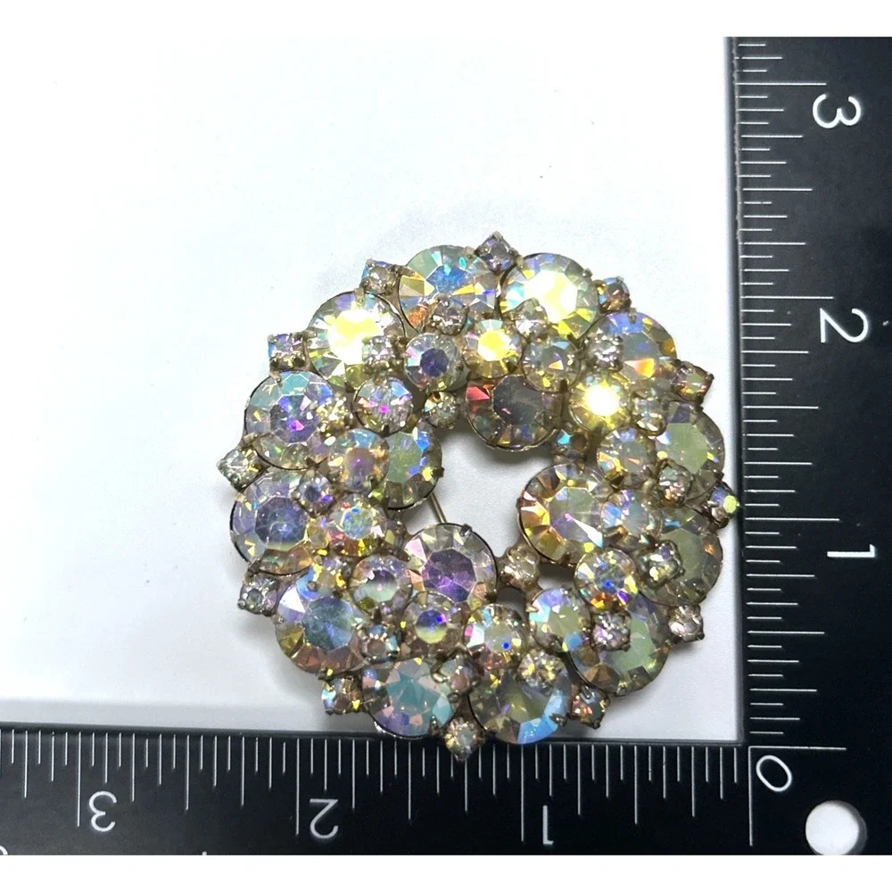 Brooch and Earring Set AB Aurora Borealis Rhinestones Large Vintage Prong‎ Set